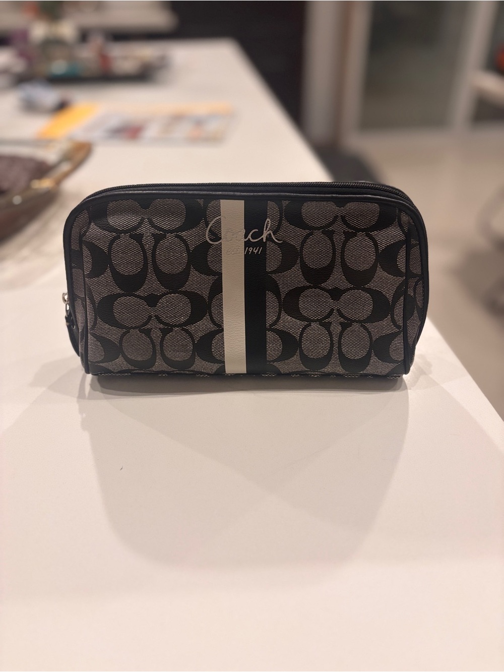 Coach Monogram Stripe Toiletry Pouch in Black and Cream